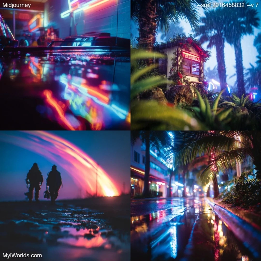 High-contrast urban landscape with neon lights.