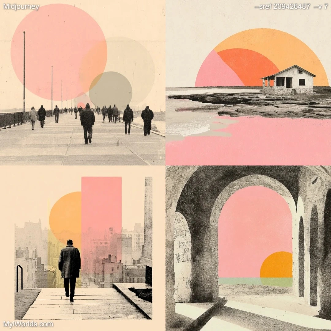Color-stylized urban art with high contrast, featuring wheat fields and a carrot-colored sky.