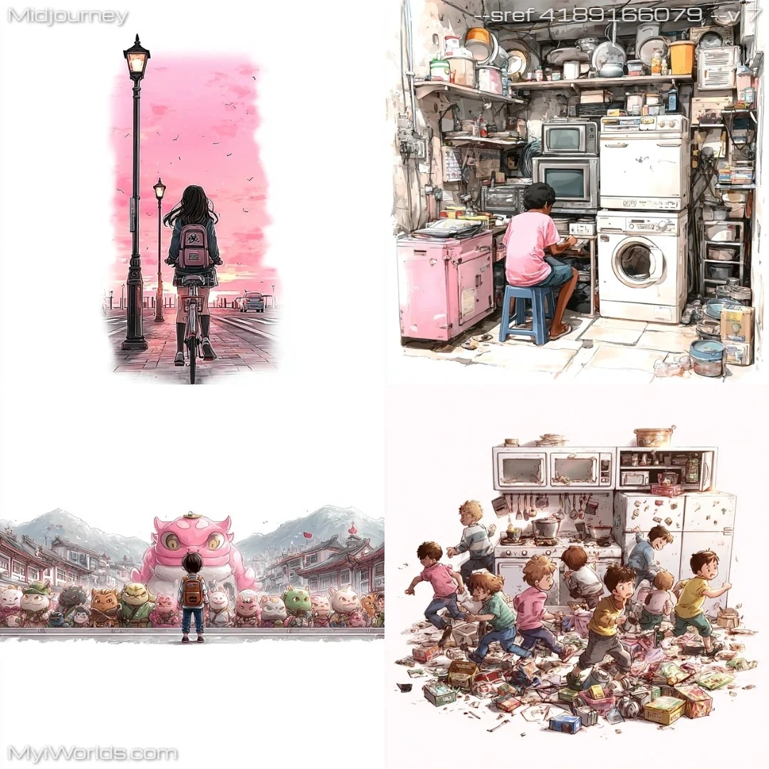 Digital art with a realistic, comic-like style featuring cluttered scenes.