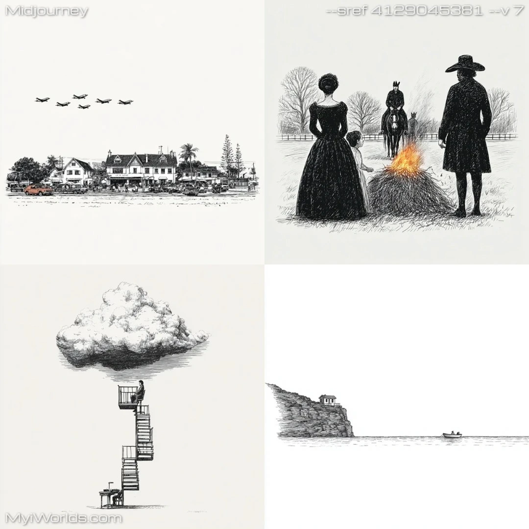 Black-and-white illustration with stylized portraits and a comic book style.