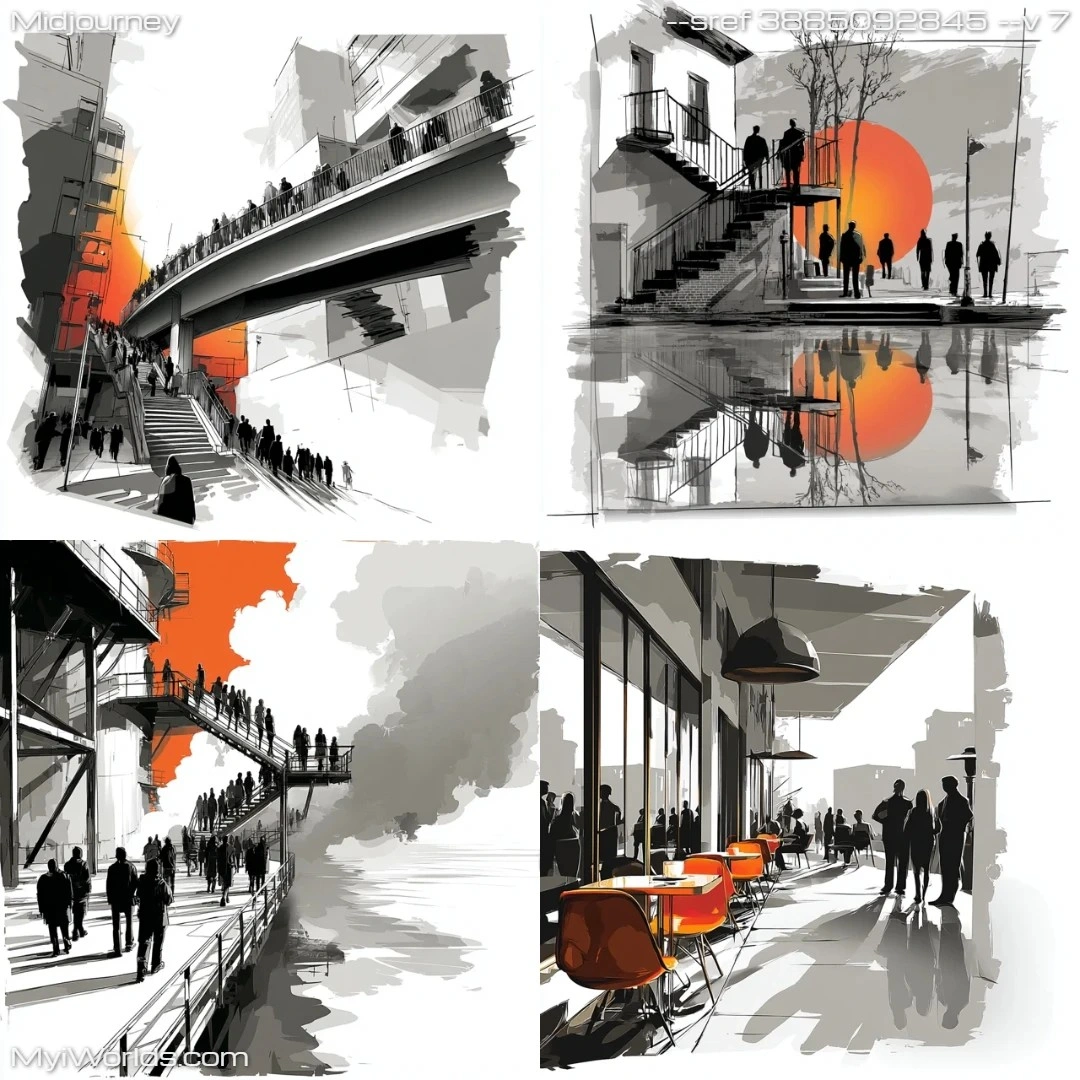 Realistic urban architecture painting with monochromatic color palette and low lighting conditions.