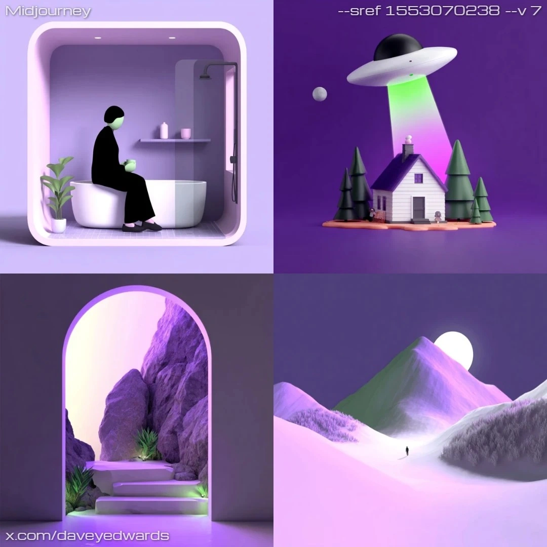 Surreal digital art with purple hues and a dreamlike quality.