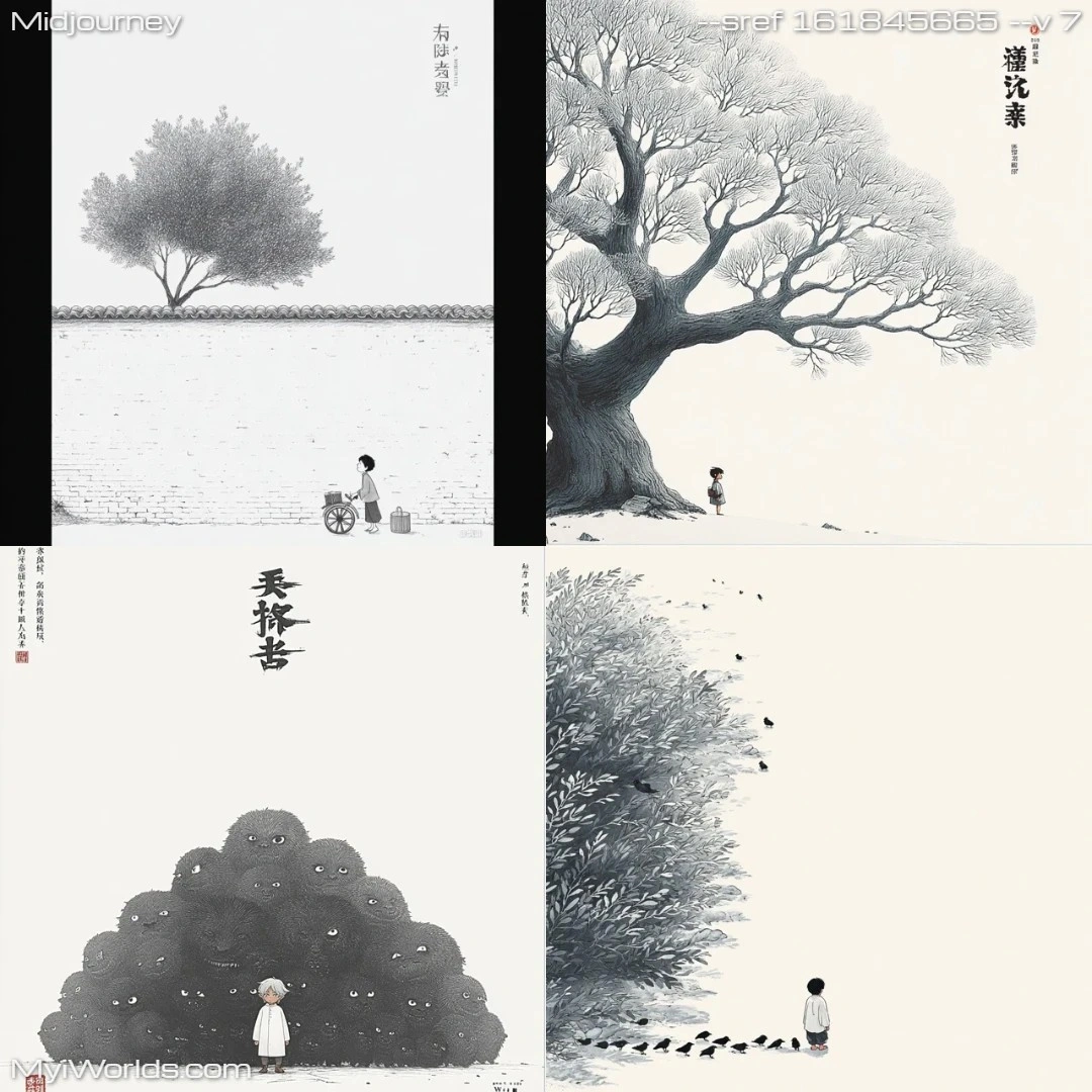Monochromatic-manga-inspired-art-with-subdued-lighting-and-symbolic-themes.