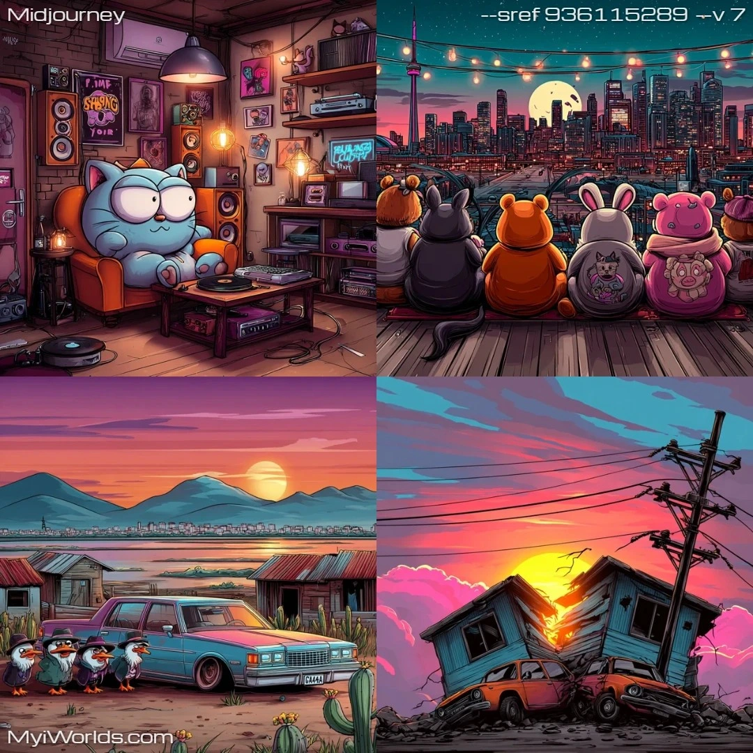 Cartoon illustration with a stylized, colorful city-scape.