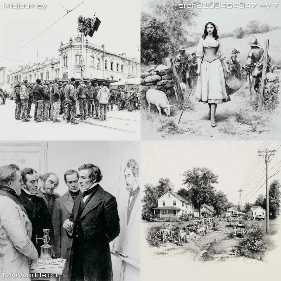 Realistic, historical-themed artwork in monochrome color palette.
