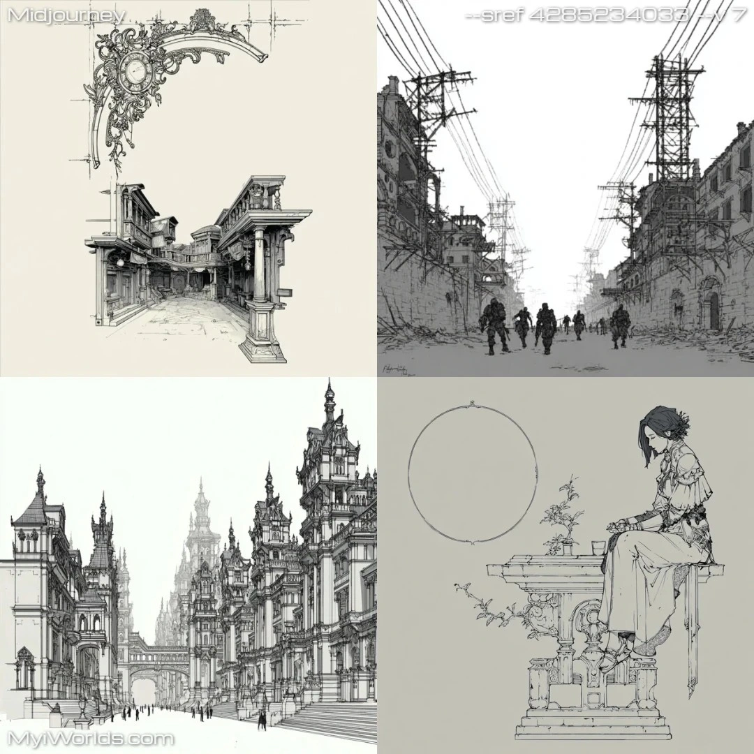 Sketch-like, monochrome urban street scene with architectural details.