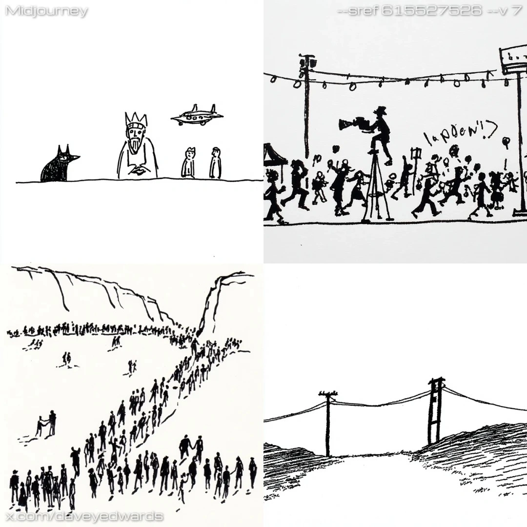 Monochromatic comic style with textured, linear perspective.