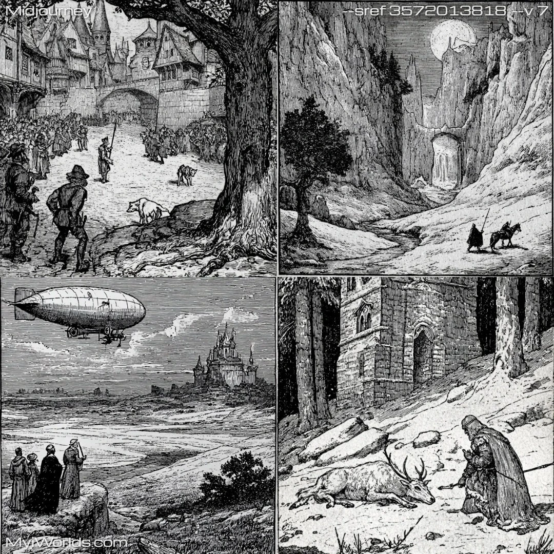Black and white pencil drawing with detailed shading in a narrative style.