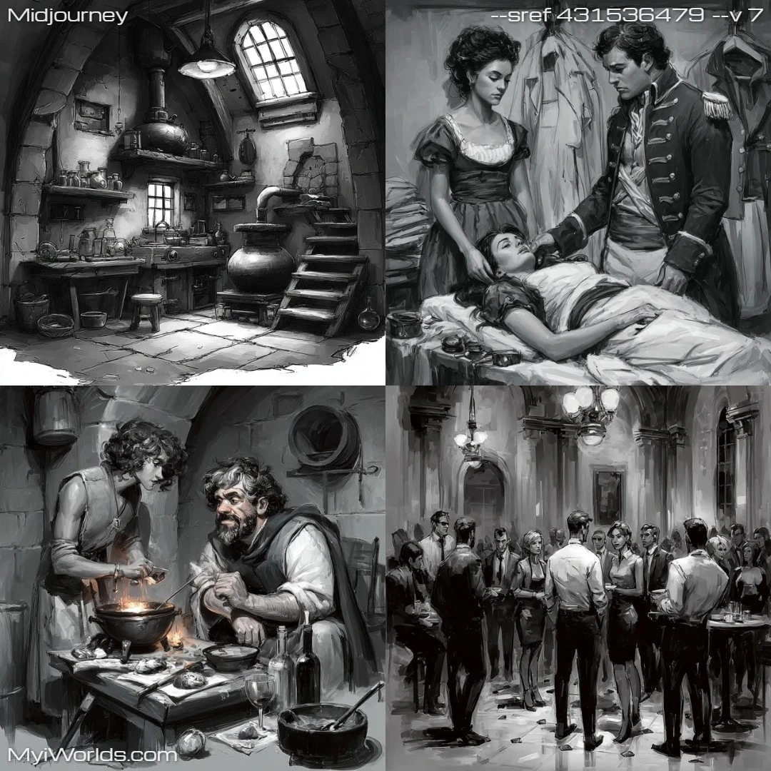 Realistic artwork with a dark, moody ambiance set in a period-styled room.
