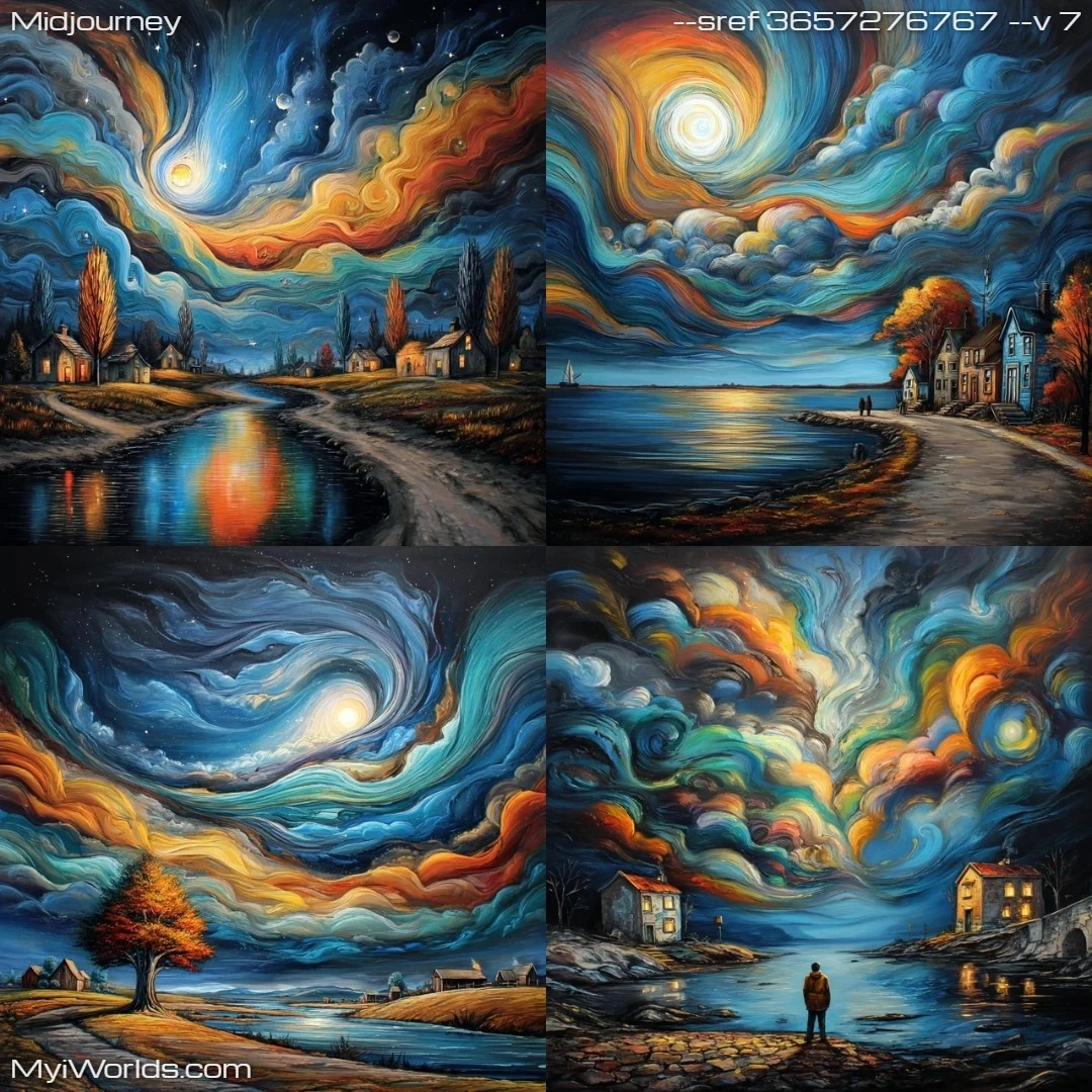 Surrealistic-painting-with-rich-texture,-moonlit-landscape.