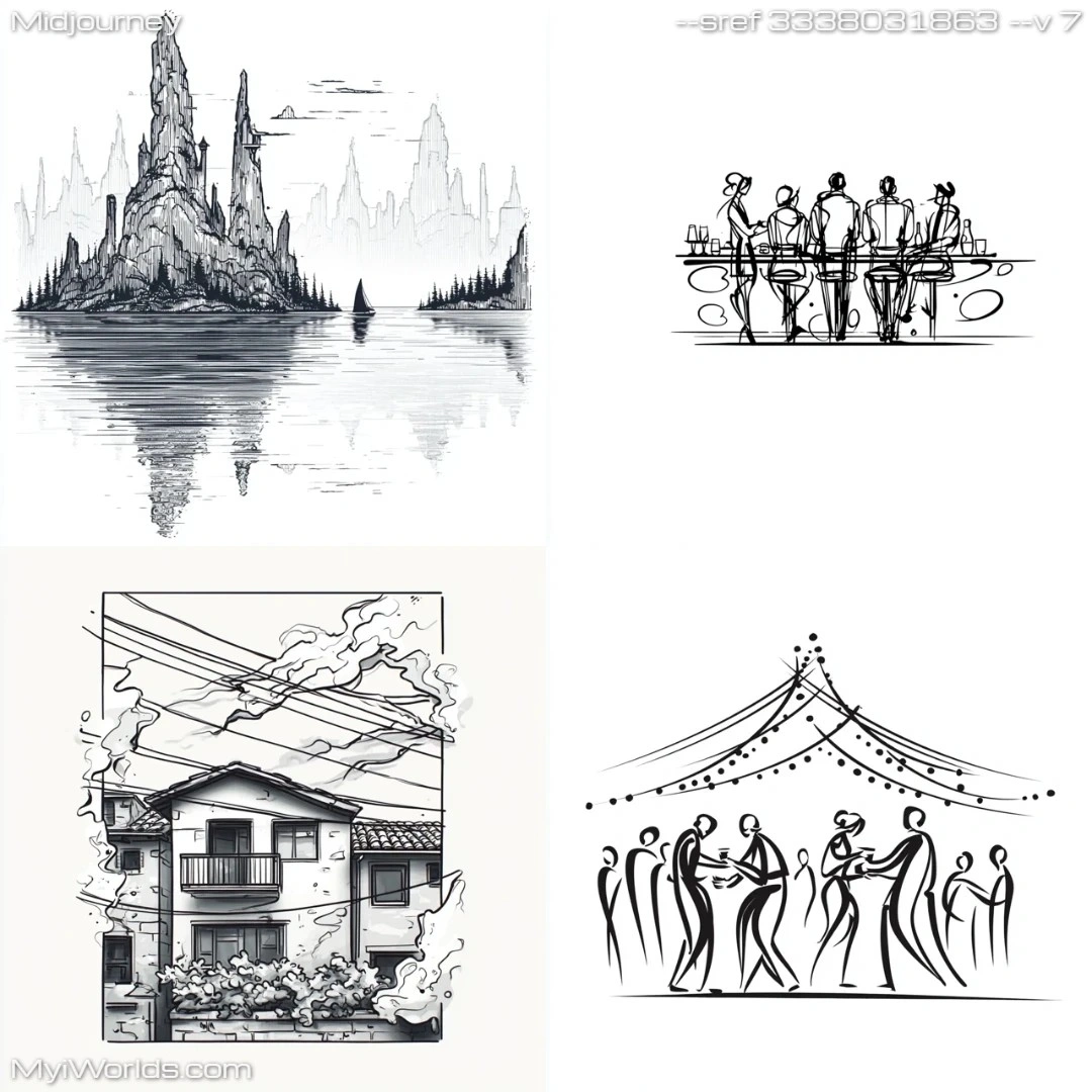 Line art in a stylized, comic book style with black and white color scheme.