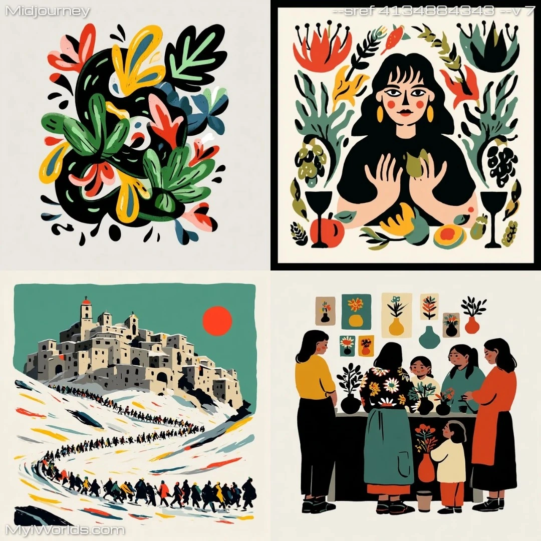 Stylized graphic art with a monochromatic line and color scheme, including dominant colors Gainsboro, Black, Pomegranate, and Cadet Blue.