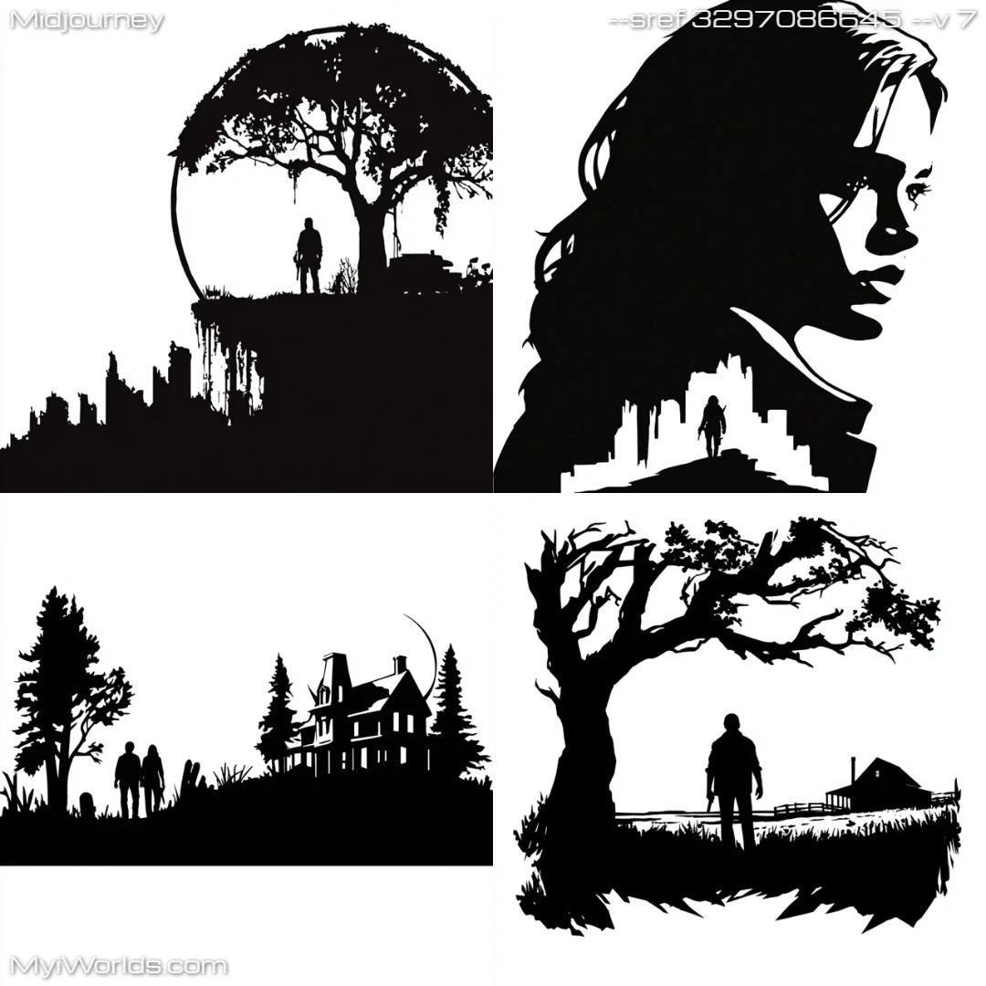 Minimalist black-and-white silhouette with a forest setting.
