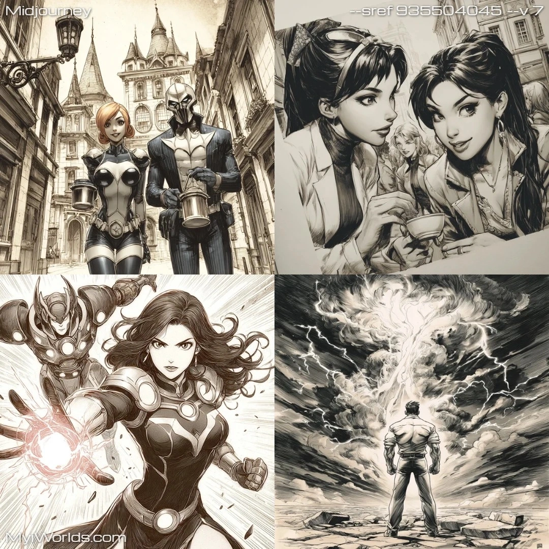 Comic art with detailed linework, realistic shading, and dynamic action poses.