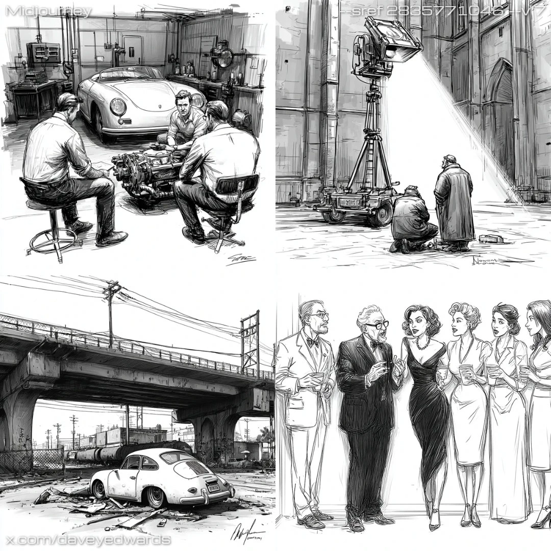 Illustrative graphic novel panel with dramatic industrial lighting, depicting characters in a scene.