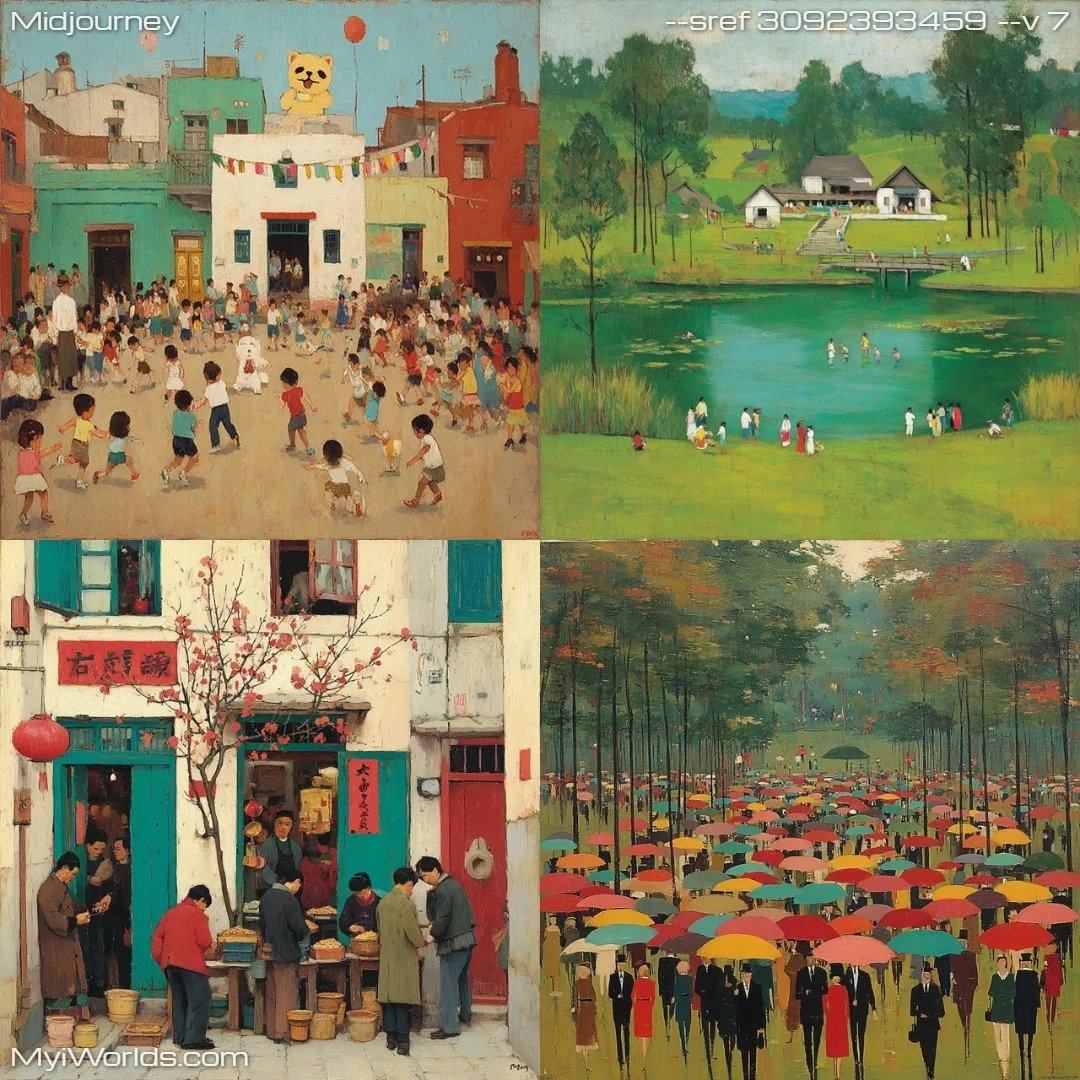 Figurative art with a realistic style, featuring lively urban scenes.
