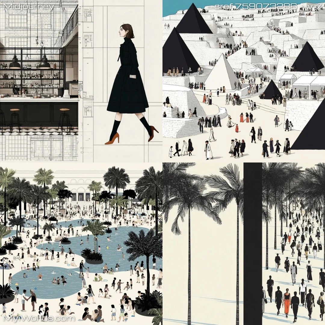 Digital art with black-and-white architecture, rendered in a realistic linear perspective.