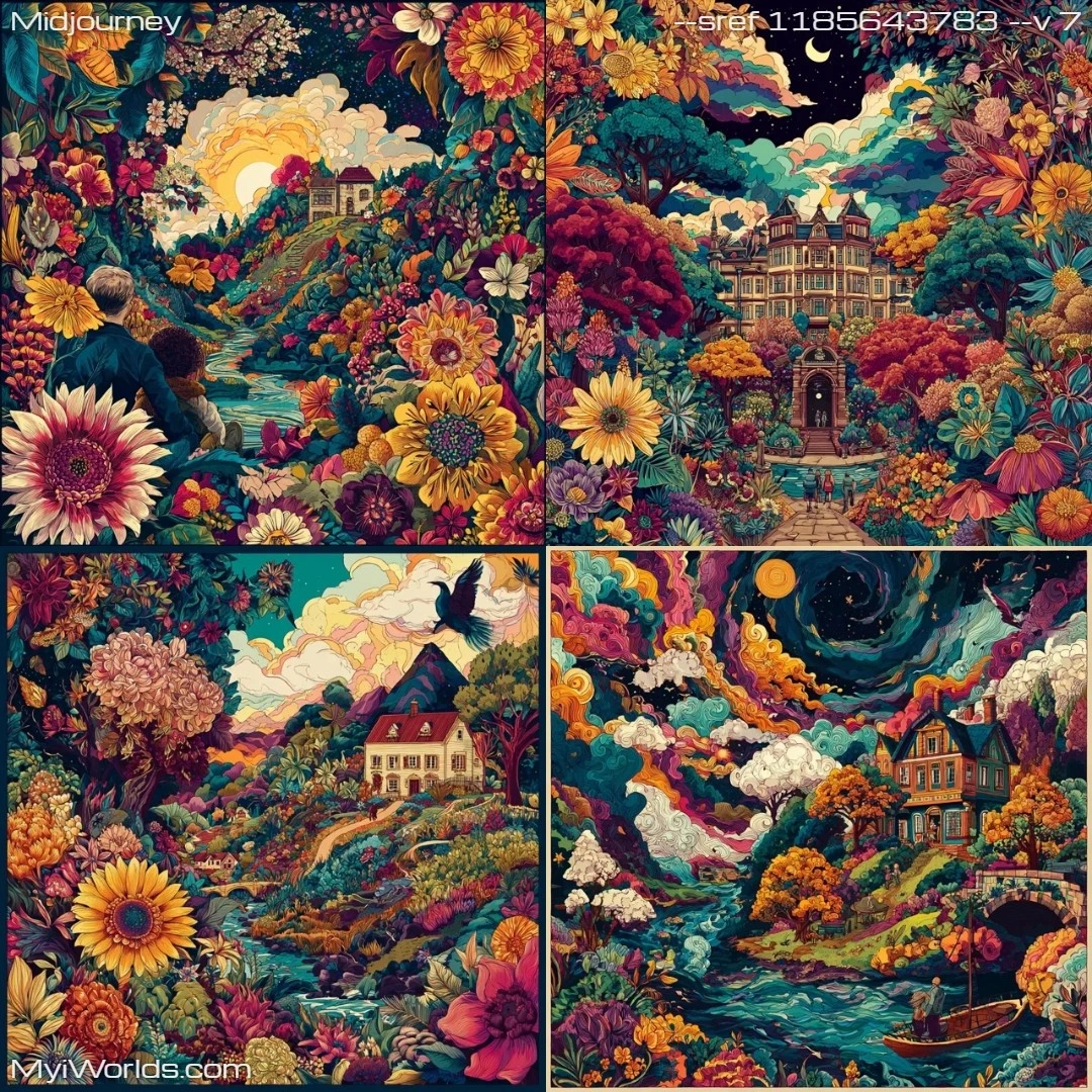 Fantasy-themed-tapestry-like-mixed-media-art-with-rich,-vibrant-colors.