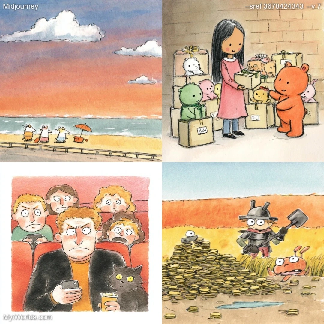Cartoon watercolor art with muted colors and stylized character design.