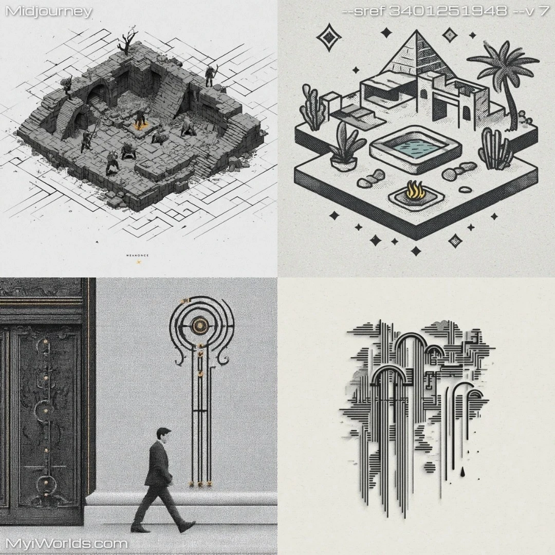 High contrast digital illustration with urban fantasy themes in an isometric perspective.