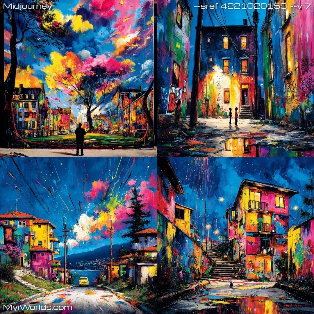 Psychedelic-urban-art-with-colorful-streaks-in-the-sky,-set-against-a-darkened-cityscape.