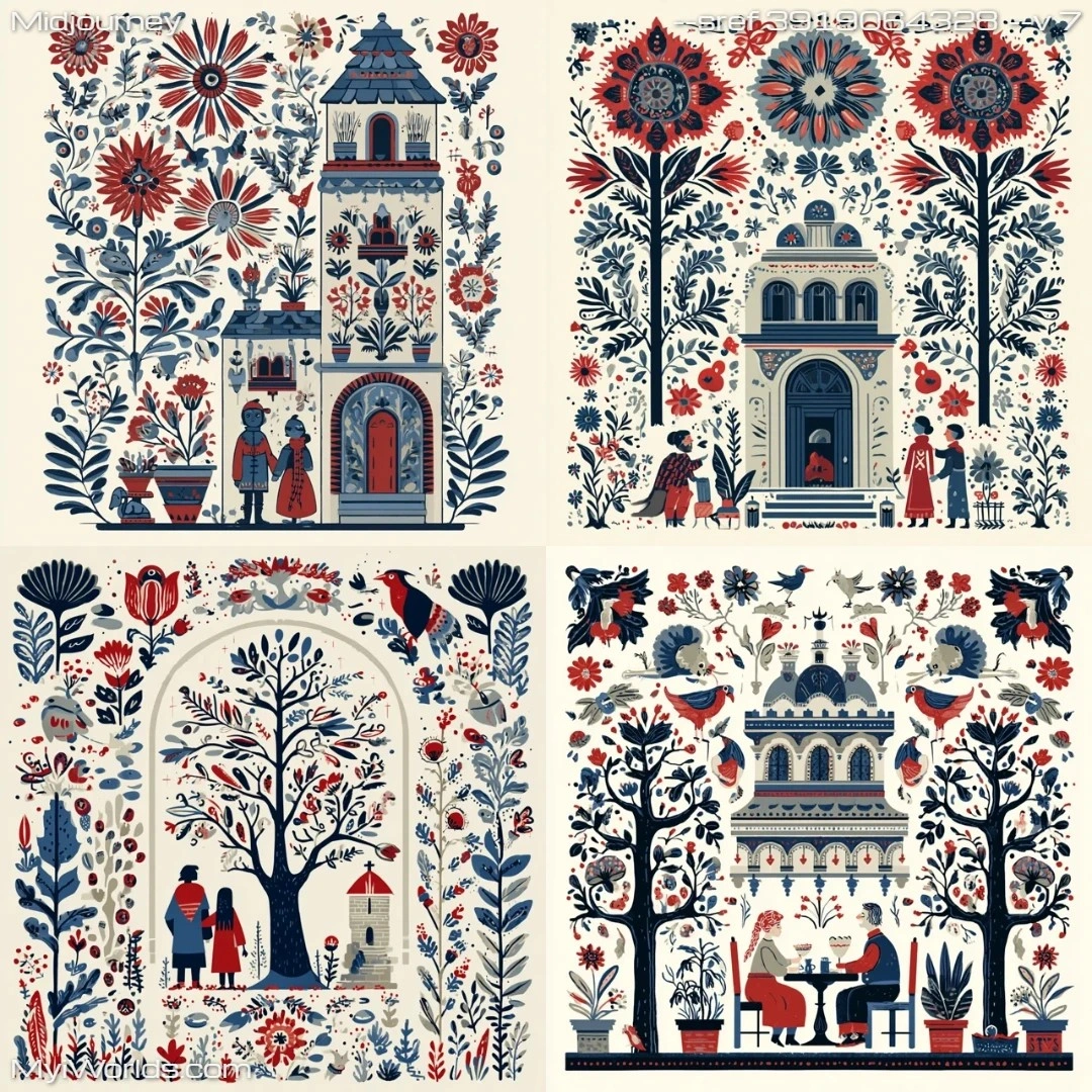 Blue-and-white floral tapestry with stylized trees and flowers.