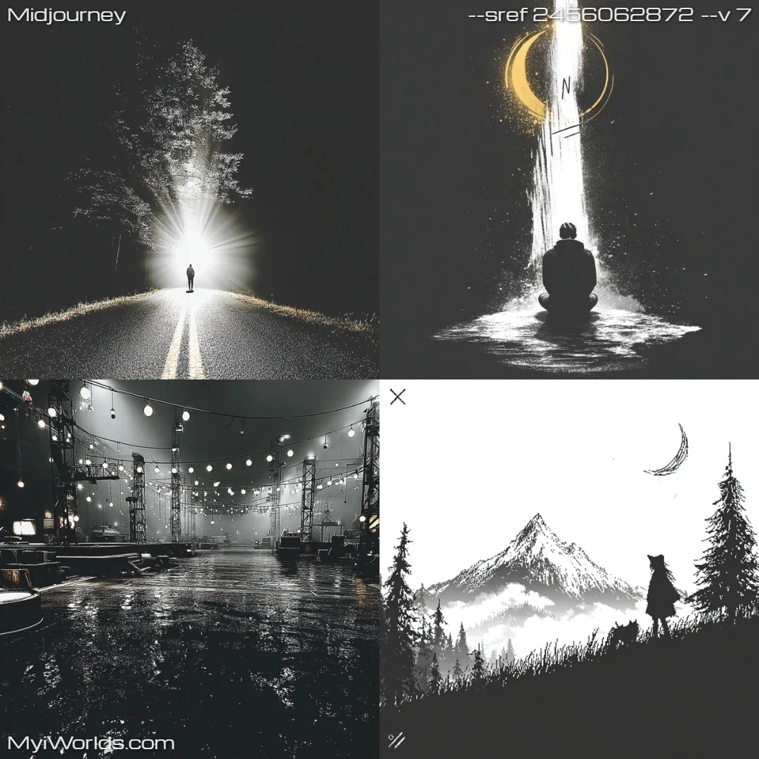 Silhouette art in monochrome with high contrast and atmospheric perspective.